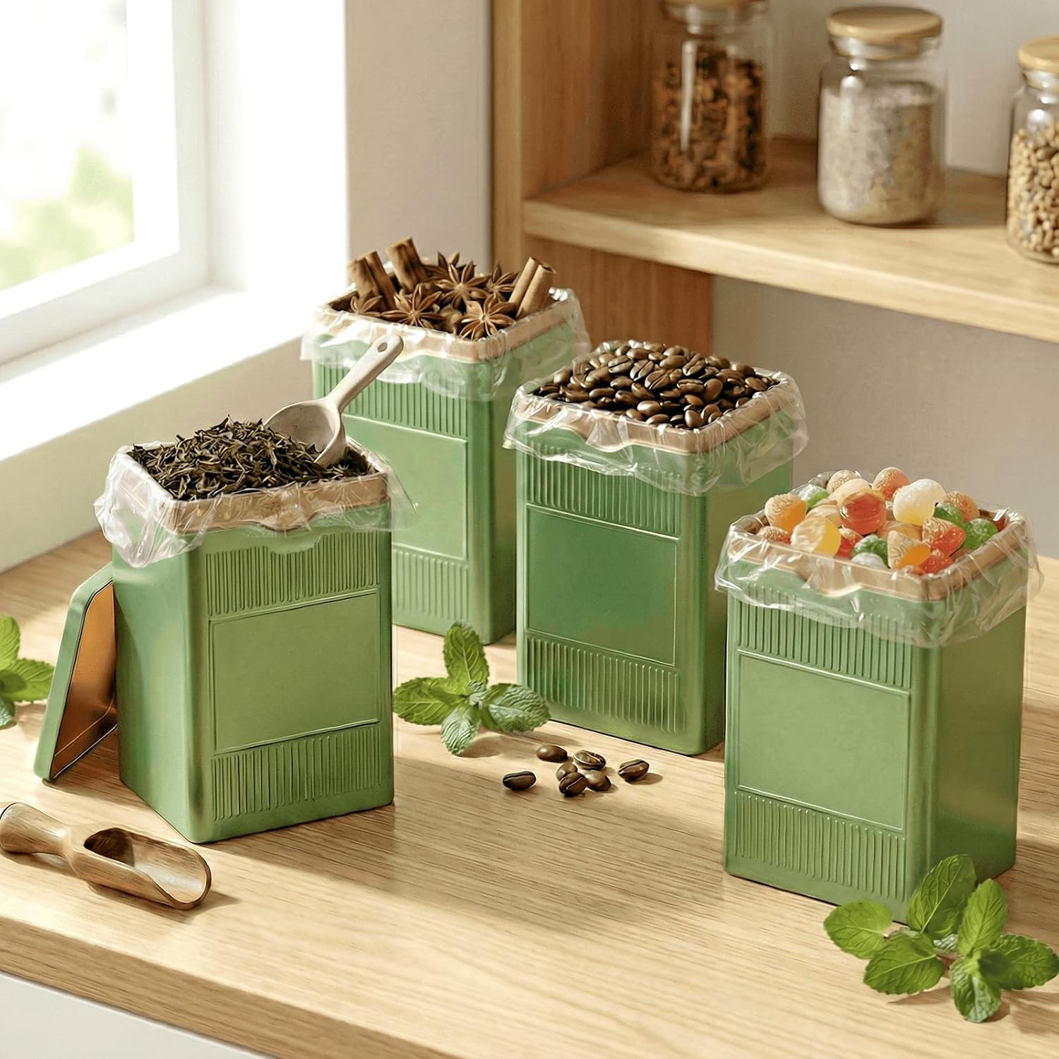 Tea Tin, Premium Tight Sealing Metal Canister with Press On Lid, Storage Tin for Loose Leaf, Tea Bags, Coffee Beans & Spices, Ideal for Kitchen Countertop & Pantry, Green Square Tinplate Can