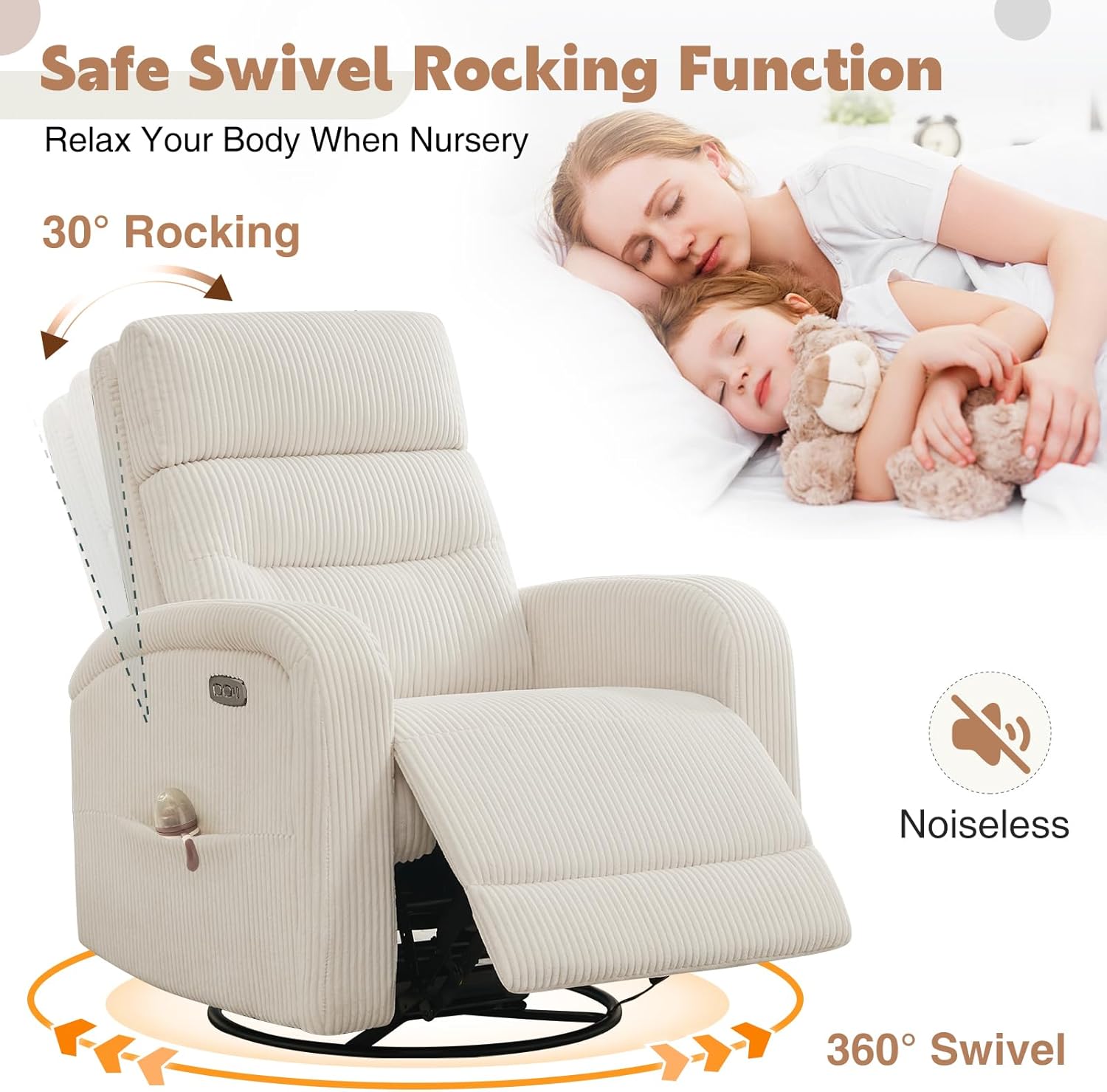Power Swivel Rocker Recliner, Upholstered Glider Recliner Nursery Chair with Type-C & USB Port, Swivel Rocking Nursery Recliners with Double Pockets for Living Room Bedroom, Corduroy Cream White