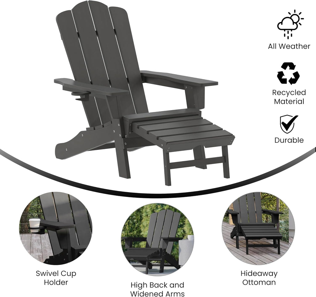 Flash Furniture Newport Adirondack Cup Holder and Pull Out Ottoman, All-Weather HDPE Indoor/Outdoor Lounge Chair, Set of 2, Gray