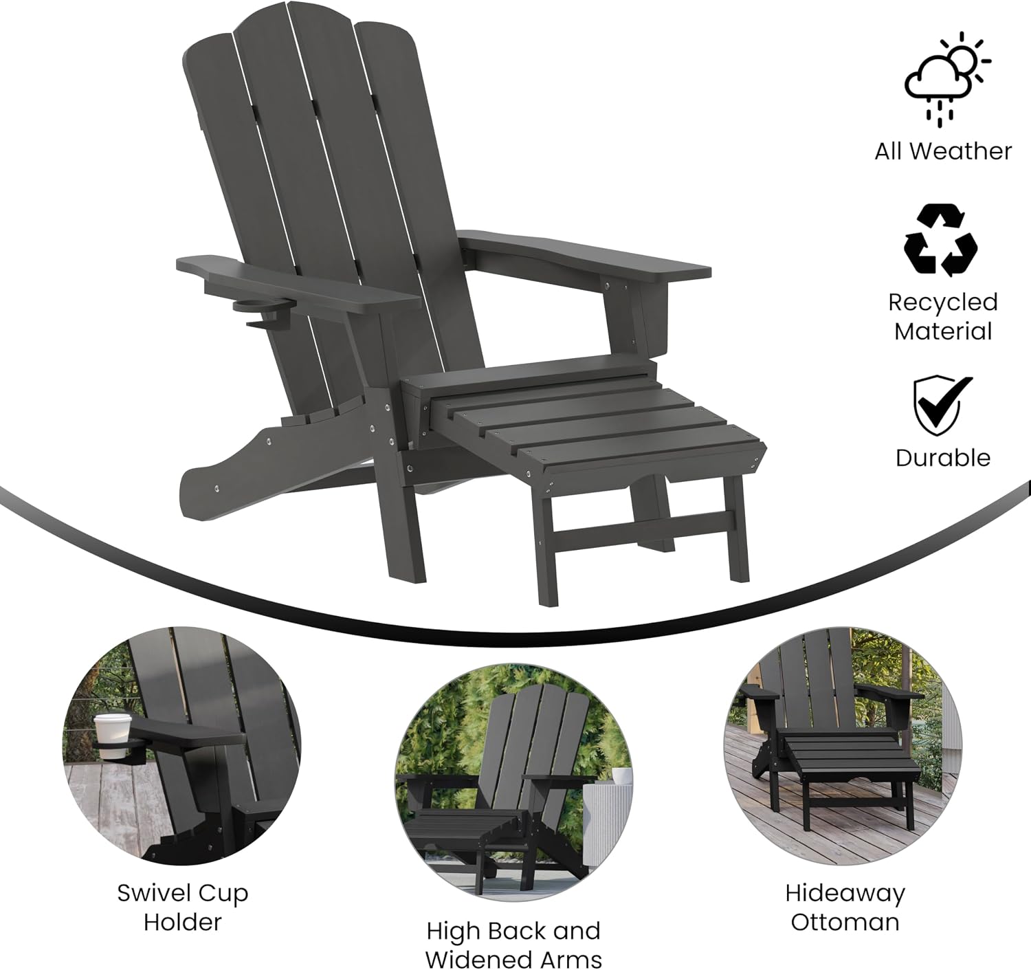 Flash Furniture Newport Adirondack Cup Holder and Pull Out Ottoman, All-Weather HDPE Indoor/Outdoor Lounge Chair, Set of 2, Gray