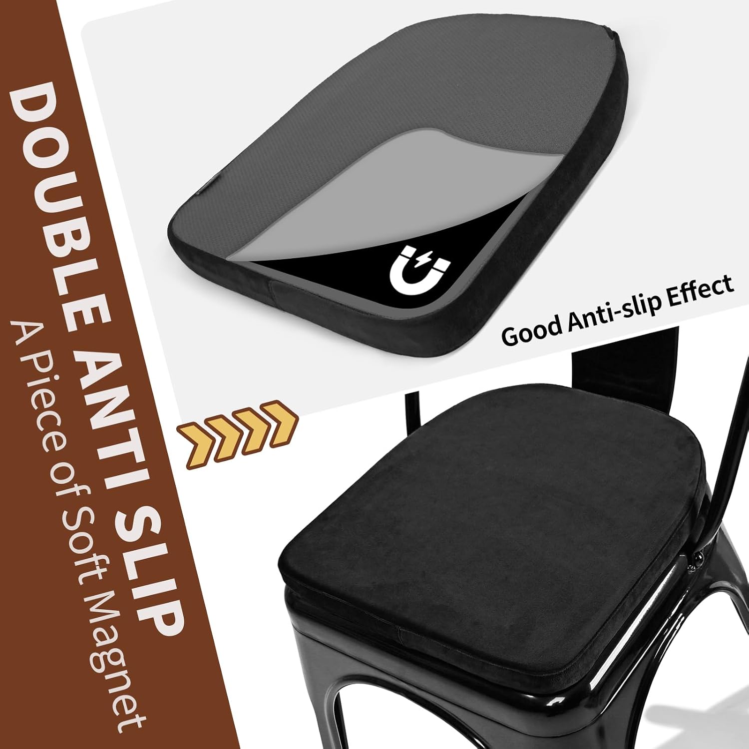 SINOSSO Kitchen Magnetic Metal Chair Cushions Set of 4, 14" Luxury Velvet Memory Foam Seat Pads for Cafe Stackable Chair (U-Shape, Black, 4)