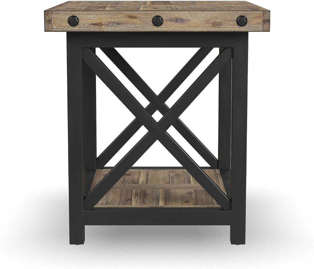 Flexsteel Craftsman Solid Acacia Wood End Table, Rustic Industrial with Lower Shelf, Hand Worked Metal Frame, Distressed Side Table Living Room Furniture, Farmhouse Nightstand (Light Brown)