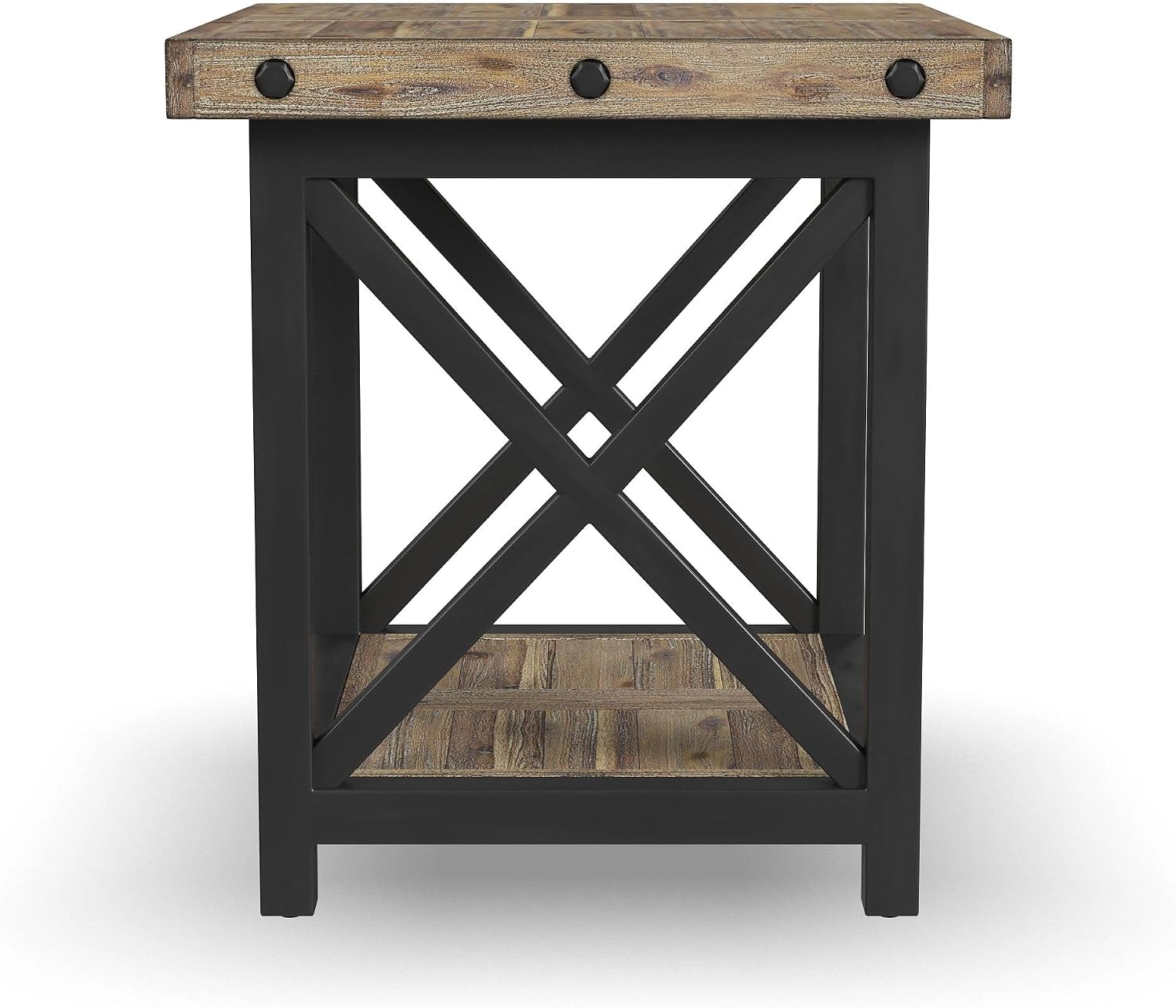 Flexsteel Craftsman Solid Acacia Wood End Table, Rustic Industrial with Lower Shelf, Hand Worked Metal Frame, Distressed Side Table Living Room Furniture, Farmhouse Nightstand (Light Brown)