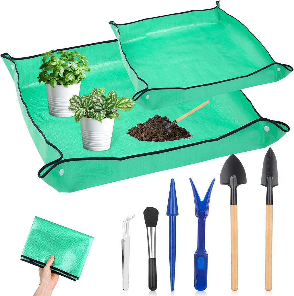 Plant Repotting Mat for Garden, 2 Pcs Waterproof Potting Mat Foldable Indoor Plant Mats Portable Square Gardening Mat Potting Tray with 6 Pcs Mini Garden Tools Set for Plant Lovers Gardening Gifts