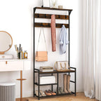 Tangkula Coat Rack Shoe Bench, 3-in-1 Industrial Hall Tree w/Storage Bench & 9 Hanging Hooks, 3-Tier Wood Look Entryway Bench w/Metal Frame, Adjustable Foot Pads for Dorm, Apartment, Hall, Brown