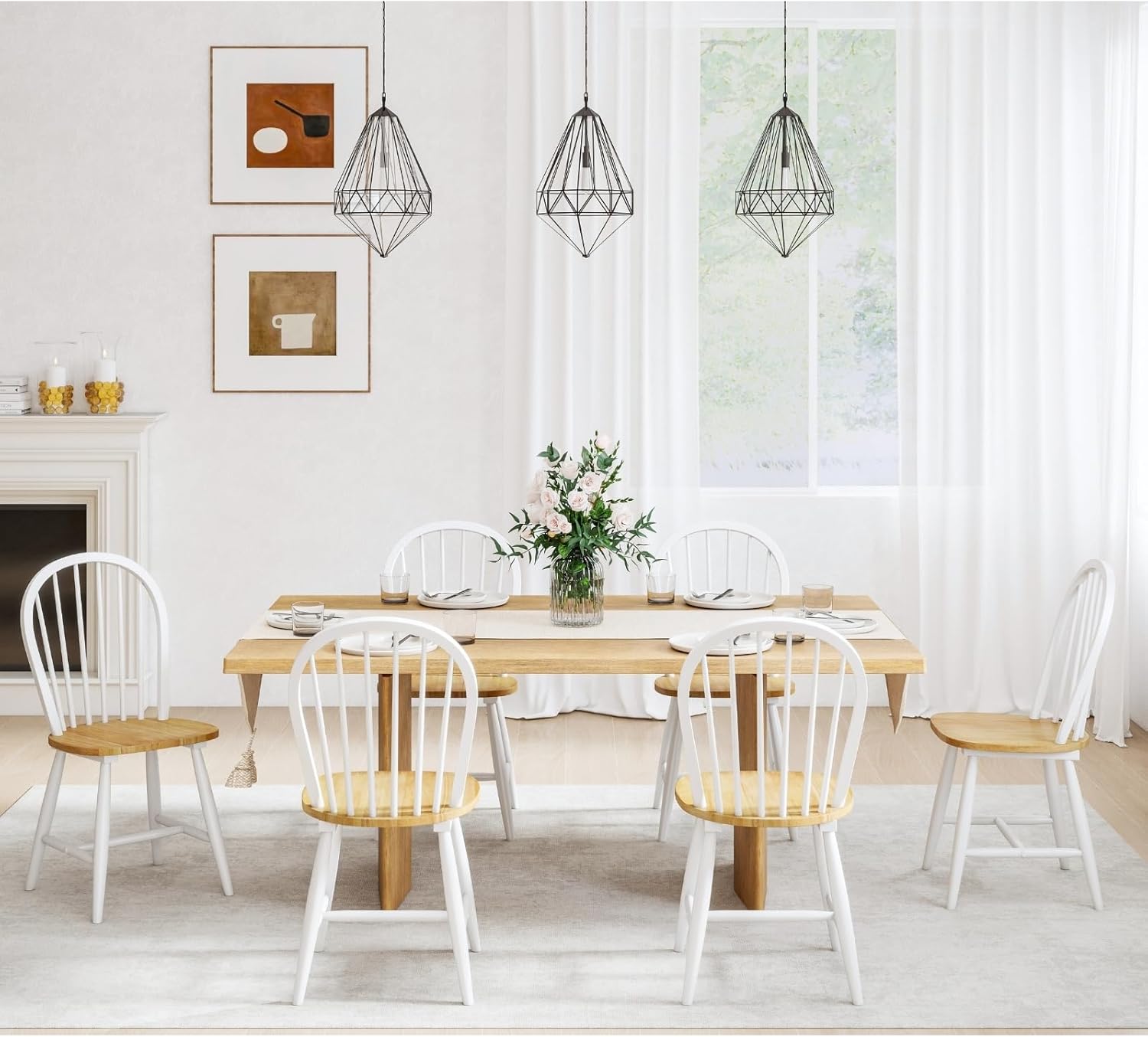 chairus White Windsor Dining Chairs Set of 2, Farmhouse Wooden Dining Room Chairs with Spindle Bow Back, Modern Cottage Oak Side Kitchen Chairs