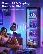 AODK Display Case with LED Lights, Display Cabinet with Open Glass Shelves for Small Space, 4-Tier Corner Display Shelf with Industrial Mesh, Curio Cabinet for Collectibles, Bookcase
