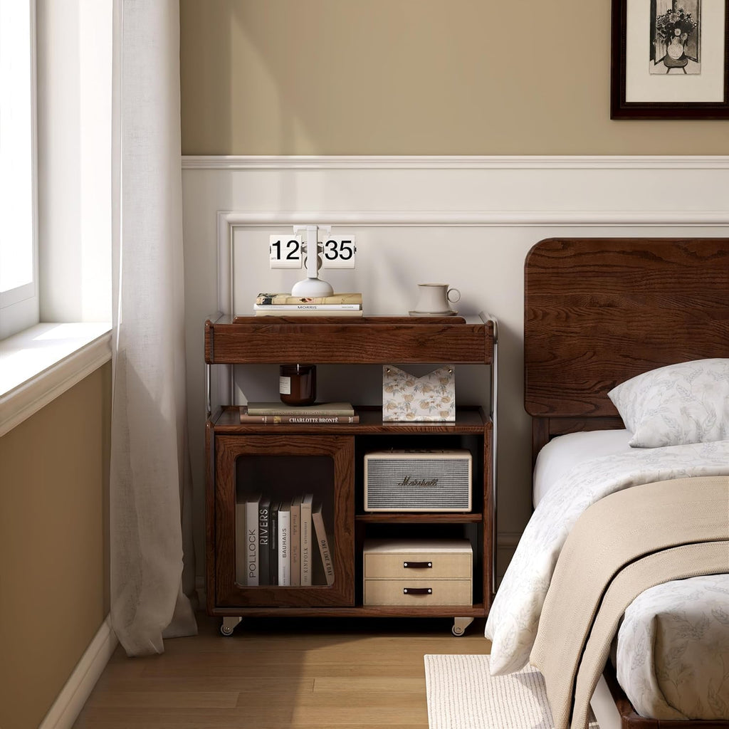 Solid Wood Side Table for Living Room, Bedroom, Walnut | Movable, Flip Top, 7 Angle Adjustment, Ample Storage