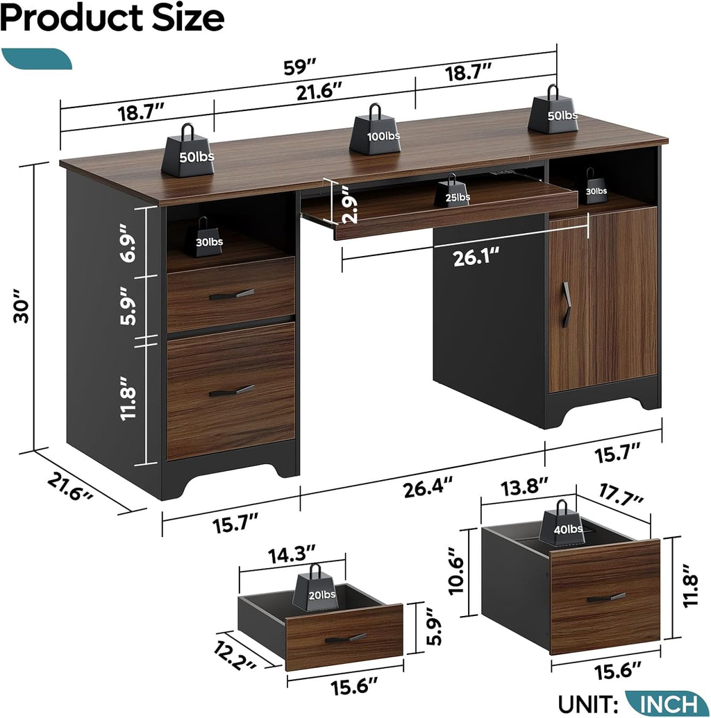 Bestier 59”Executive Desk with 2 Drawers,Computer Desk with Storage Cabinet,Industrial Wood Desk with File Drawer,Keyboard Tray & 2 Pedestals for Home Office & Studio,Cherry
