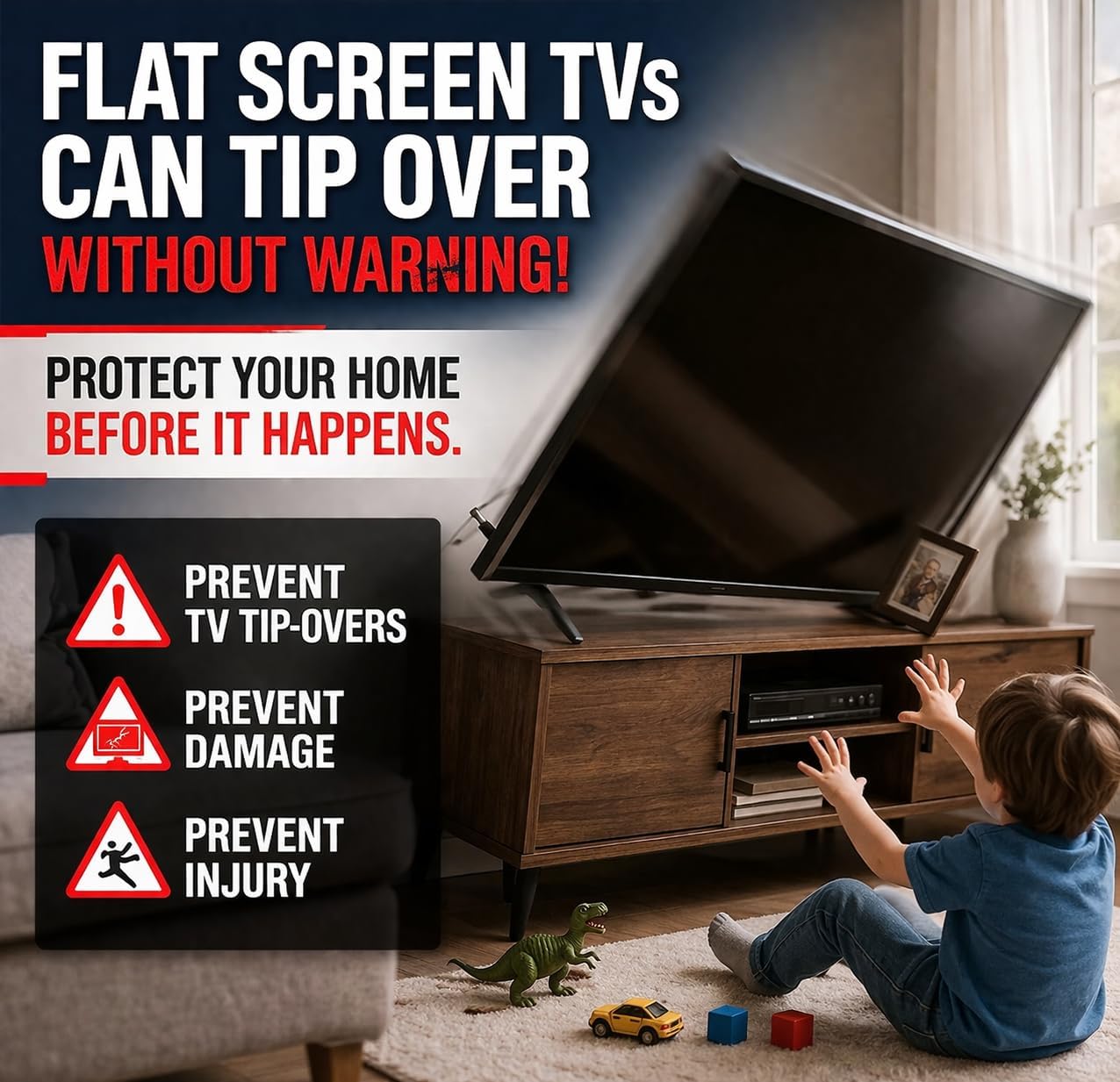 QuakeHOLD! Universal Flat Screen TV Safety Straps, Nylon Anti-Tip Adhesive Straps, Earthquake Protection, For TVs and Furniture, Child Proofing for Home Safety, Easy Installation, Black, 1 Pack