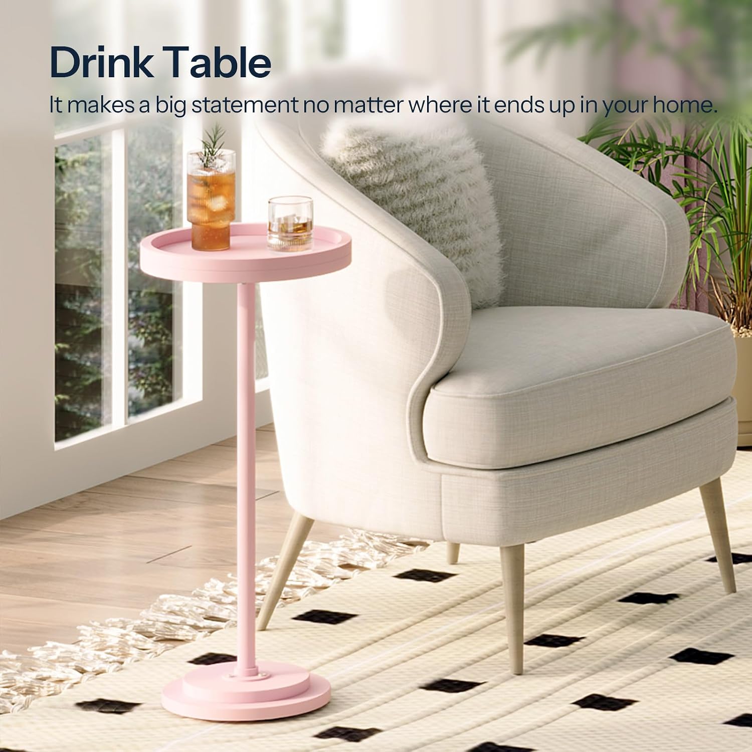 HOOBRO Small Round Side Table, Drink Table, Coffee Martini Table with Pedestal Accent for Small Spaces in Living Room, Bedroom, Sofa Couch, Pink KK168BZ01