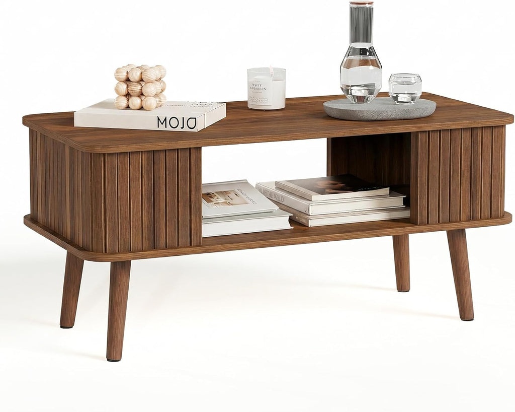 LAZZO Coffee Table with Storage Center Table for Living Room Rectangle Coffee Table with Rounded Edges,Easy Assembly, Walnut