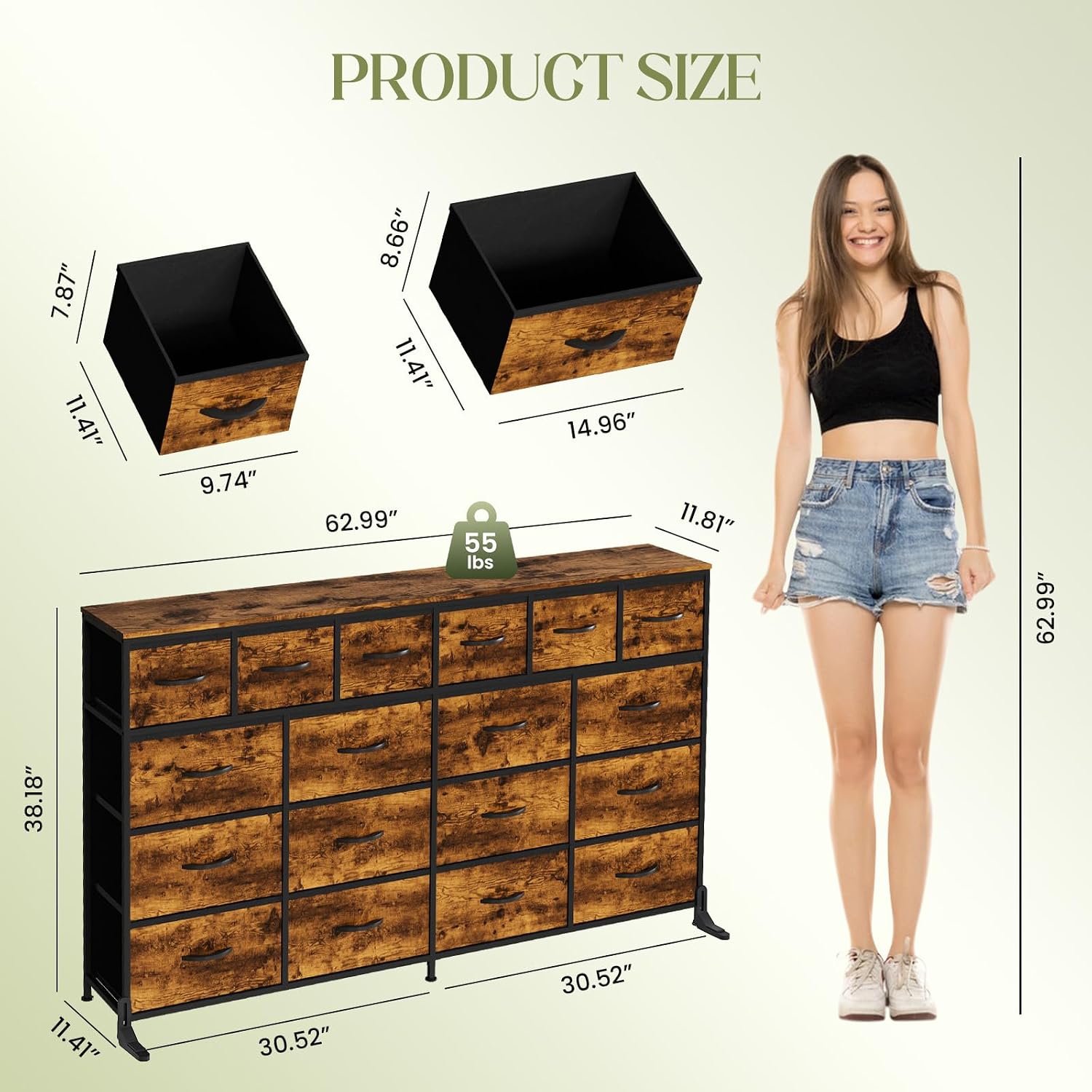 IDEALHOUSE 63'' Long Dresser with 18 Drawers for Bedroom - 18 Drawer Fabric Dresser TV Stand - Large Chest of Drawers for Living Room