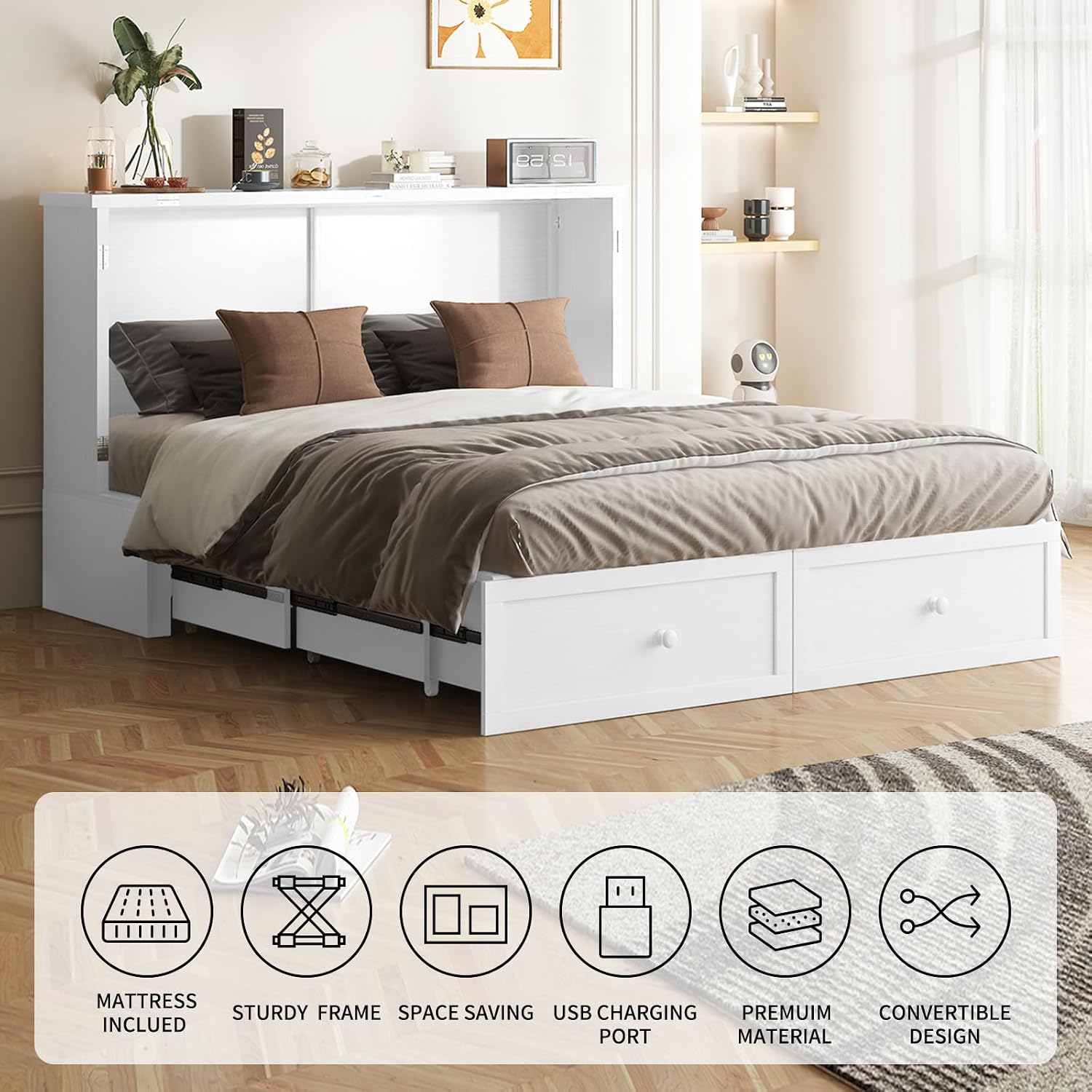 BALUS Queen Murphy Bed with Mattress, Cabinet Murphy Beds with Mattress & USB Chariging Station & Storage Drawer, Wooden Cabinet Beds, Queen Hidden Bed for Living Room/Bedroom -White