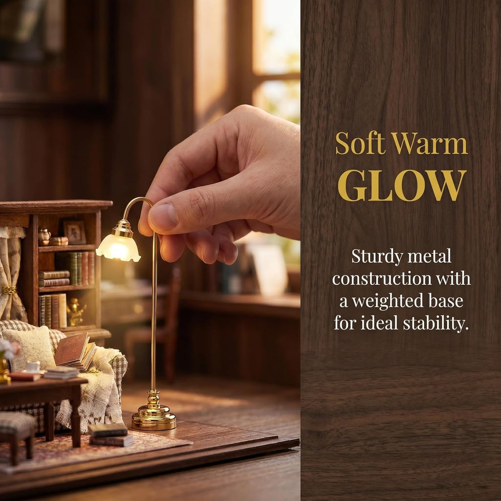 2 Pcs Miniature Dollhouse Floor Lamp, 1/12 Scale Battery Operated Mini Lamps, LED Lighting for Doll House Furniture Accessories, Gold Flower Shade Room Deco
