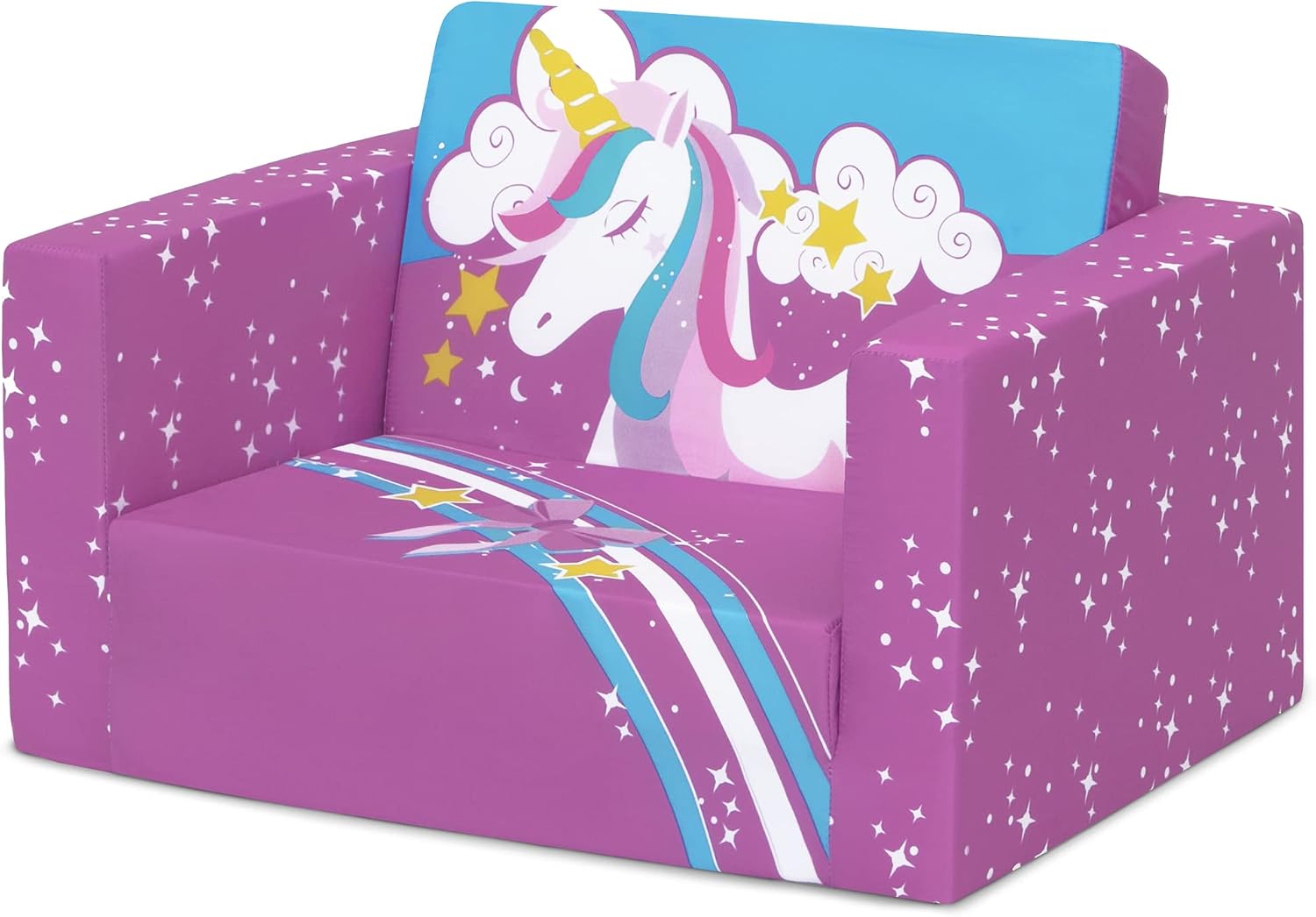 Delta Children Cozee Kids Couch 2-Seater Kids Sofa, Convertible 2-in-1 Flip Open Toddler Couch Sleeper, Foam Chair for Playroom & Bedroom, Bed Lounger, Comfy Play Sleeping Lounge Chair, Unicorn