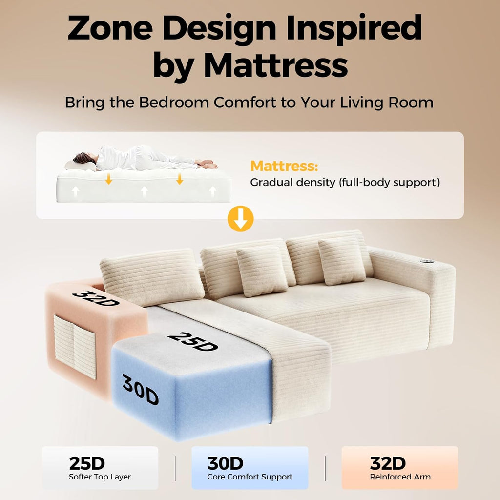 CAMMOO 108" Boneless Couch in One Box, Cloud Couches for Living Room, Beige | Compressed in One Box, Corduroy Boneless, Deep Seat, 4 Storage Pockets, L-Shaped Modular