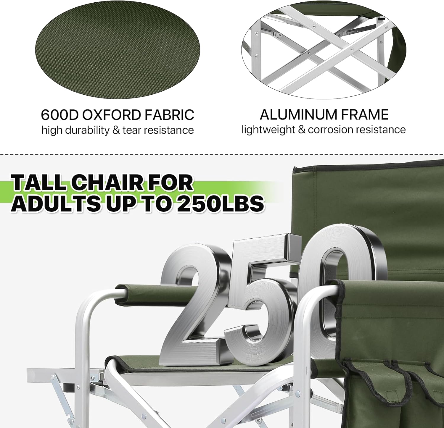 Magshion Tall Director Chair for Vendors & Makeup Artists, 31" Seat Height, 250 lbs Capacity, Portable Folding Chair w/Side Table, Side Pocket & Cup Holder for Booths, Craft Fairs, Camping, Dark Green