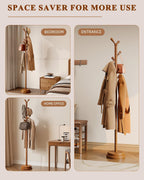 STARSAGA Solid Wood Coat Rack Freestanding Coat Tree with 8 Hooks | Adjustable Height Heavy Duty Coat Rack with Rounded Hooks & Dual-Layer Base, Holds Coats Hats Bags for Entryway, Bedroom