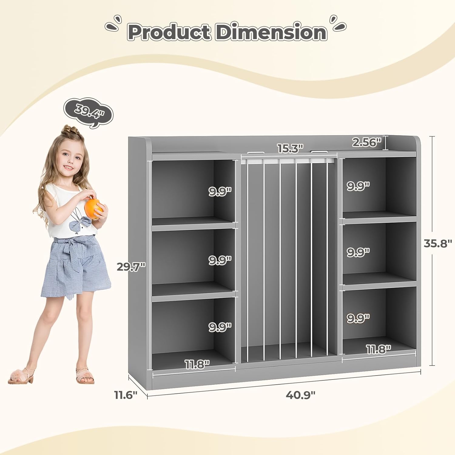 35.8" Toy Storage Organizer and Stuffed Animal Storage, 6 Cube Bookshelf for Kids Room, Playroom, Nursery, Rounded Corners & Anti-Tip, Grey