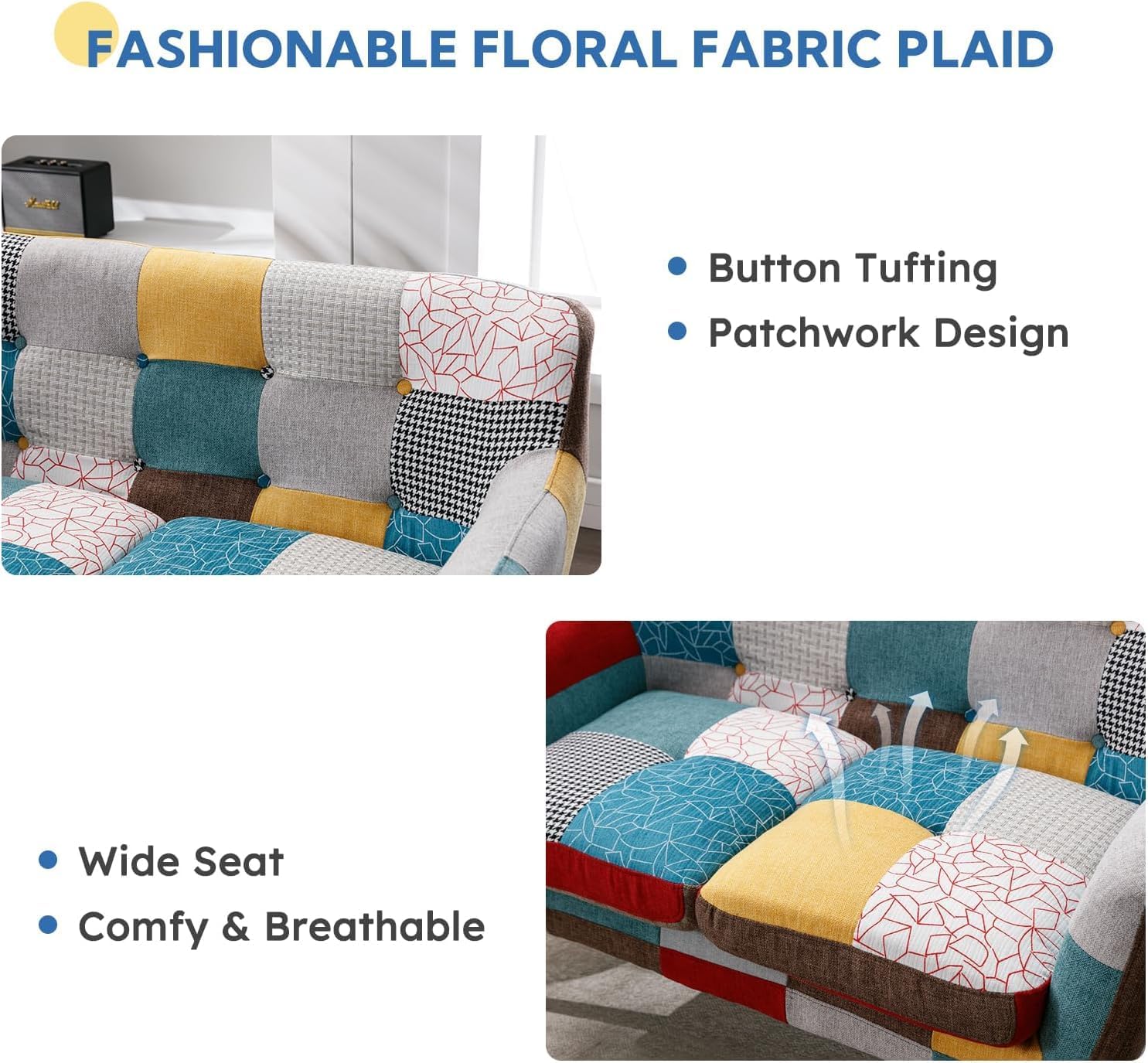 Bonzy Home Modern Colorful 3 Piece Coroful Fabric Sofa Set, Included 2 Accent Chairs and Boho Loveseat, Linen Patchwork Plaid Couches with Rubberwood Legs and Removable Upholstered for Living Room