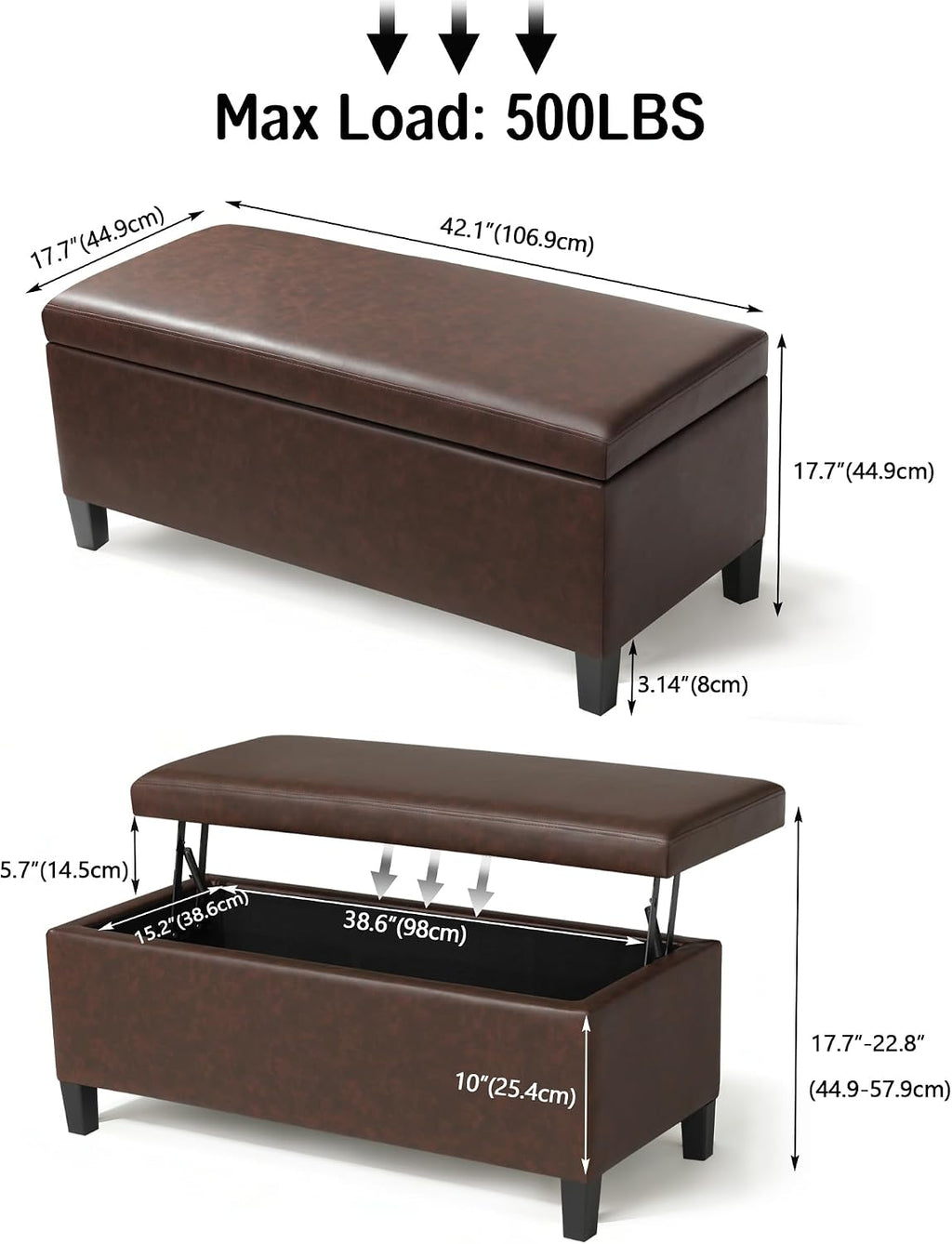 Homebeez 42 Inch Faux Leather Storage Ottoman Bench with Lift Top, Modern Rectangular Foot Rest for Living Room, Bedroom, Entryway, End of Bed, Blackened Red