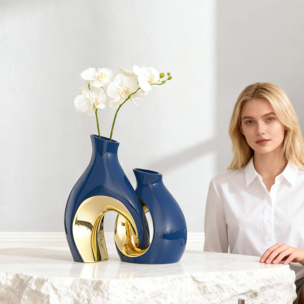 Hollow Ceramic Vase Set of 2,Nordic Modern Boho Decorative Ceramic Aesthetic Flower Vase for Home Decor,Minimalist Centerpiece Table Decorations,Wedding,Living Room,Bookshelf,Entryway (Blue)