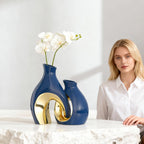 Hollow Ceramic Vase Set of 2,Nordic Modern Boho Decorative Ceramic Aesthetic Flower Vase for Home Decor,Minimalist Centerpiece Table Decorations,Wedding,Living Room,Bookshelf,Entryway (Blue)