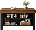 Tribesigns Kitchen Island with Storage and Seating, Farmhouse Large Stationary Wood Island Table for Kitchen Dining Room (Black and Brown)