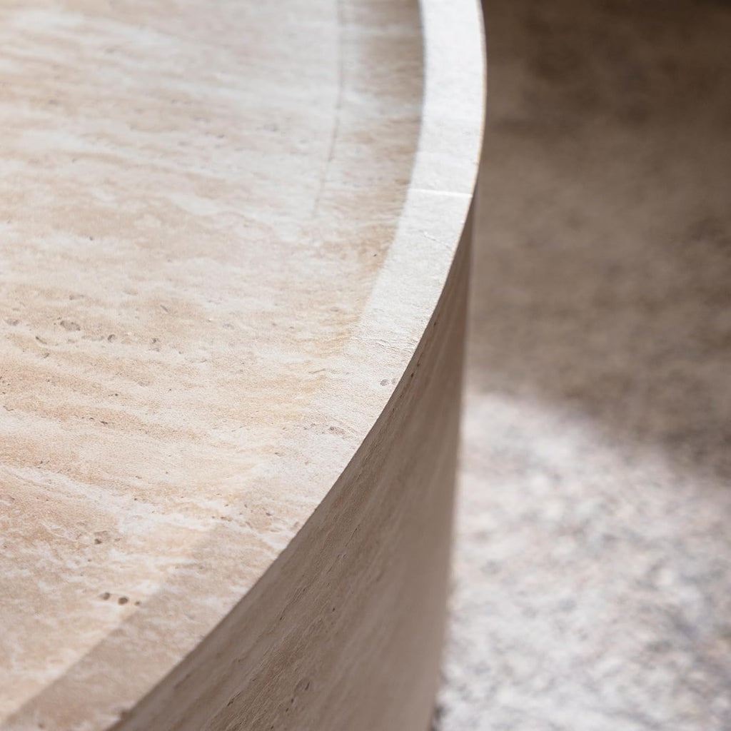 Henf Round End Table Faux Travertine Modern Sofa Side Table for Living Room, Modern Small Circle Faux Marble Side Table for Apartment, No Assembly Required