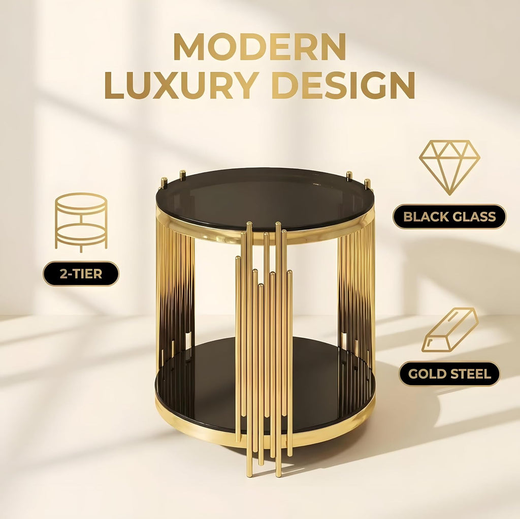 Modern End Table with Black Glass Top,Oval End Tables with Gold Legs,Living Room Luxury Glass Coffee Tables with 2-Tier