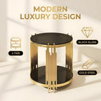 Round Glass End Table, 2-Tier Black Tempered Glass Modern 20" Gold Side Table with Storage, Stainless Steel Frame Accent Table for Small Space, Easy Clean Sofa Side Nightstand for Living Room Bedroom