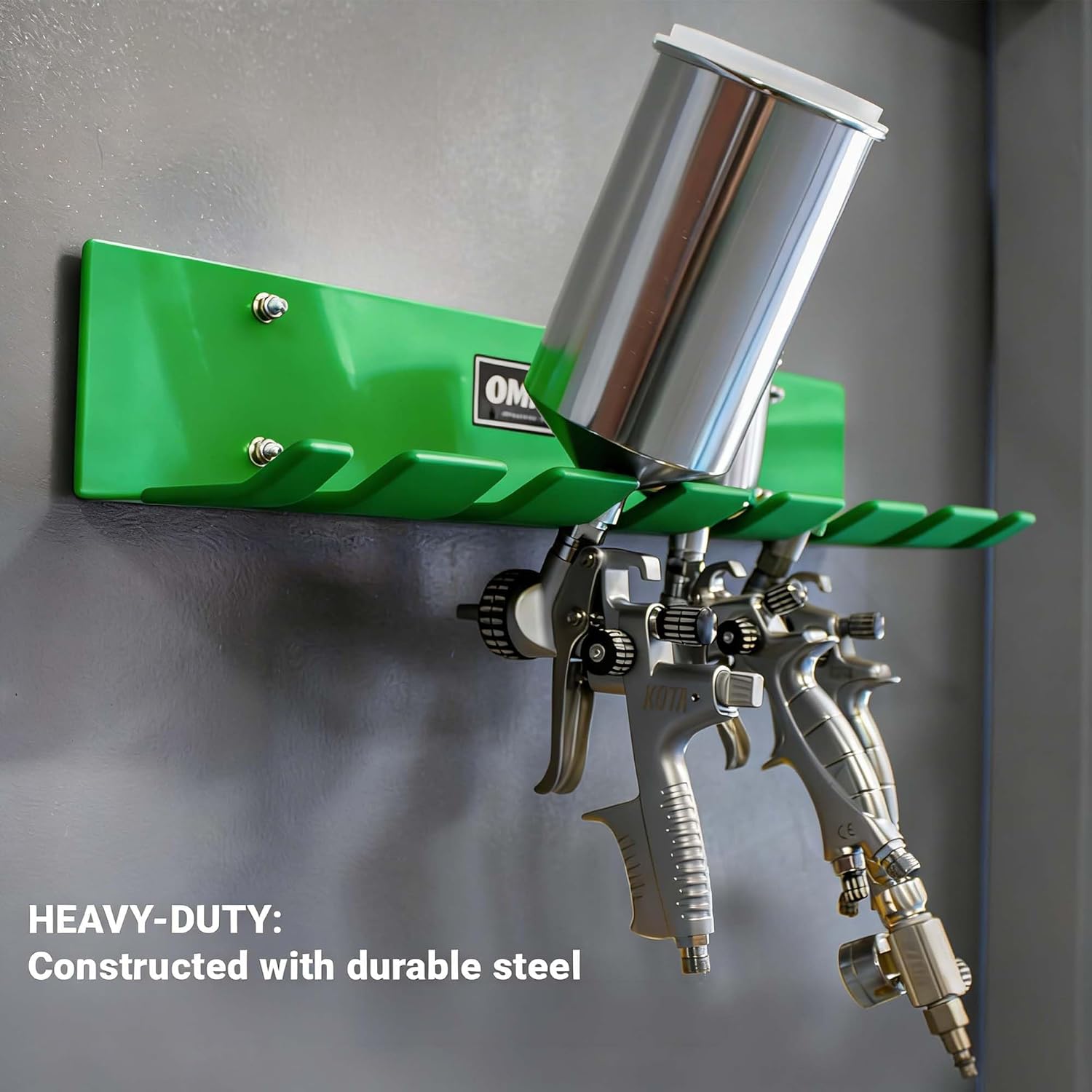 LAUCO Omni Tool Wall Mounted Paint Spray Gun Holder Holds 7 Guns without Cups or 4 with Cups, Heavy Duty Screw Mount Rack, Stable Scratch-Free Design, Green, 1 Pack