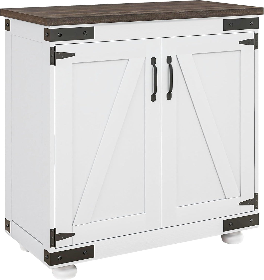 Farmhouse Kitchen Pantry, White Sideboard Buffet Cabinet with Barn Door and Adjustable Shelf, Wood Legs, Easy to Maintain, for Dining Room