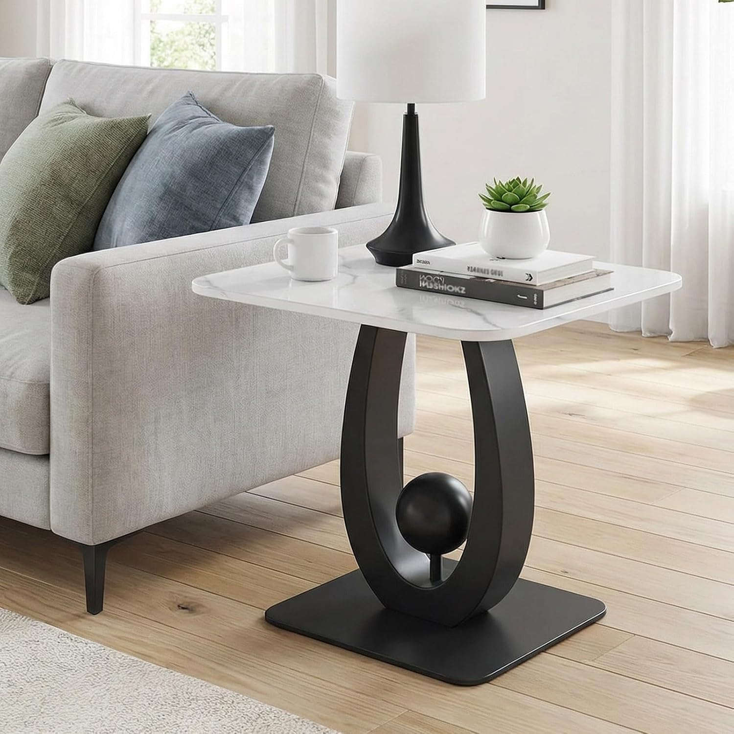 Modern Side Table with Sintered Stone Top, Small End Table with Open Storage Shelf Coffee Table Narrow Bedside Tables for Living Room, Bedroom, Couch, Nightstand(Black2,19.7"x19.7"x21.7")