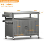 FUQARHY 43.3-Inch Solid Wood Outdoor Kitchen Island with Storage Cabinet, Grill Table with Stainless Steel Top, Outdoor Cooking Prep Station with Lockable Wheels for Backyard, Patio, Party (Gray)