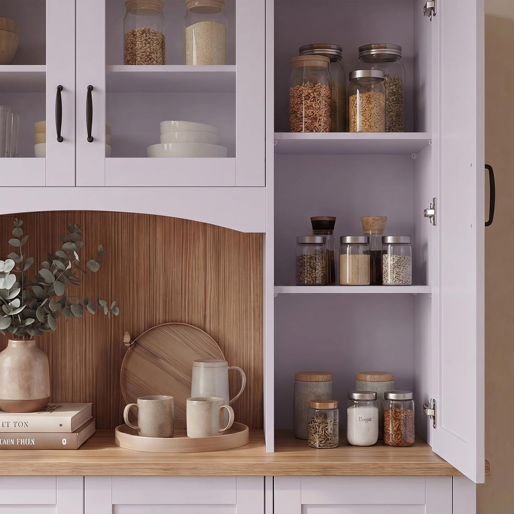 ECACAD 66.9" W Large Kitchen Pantry Storage Cabinet with Countertop & Hutch, Tall Modern Kitchen Cupboard with Glass Doors, Drawers & Adjustable Shelves for Dining Room, Purple & Brown