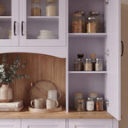 ECACAD 66.9" W Large Kitchen Pantry Storage Cabinet with Countertop & Hutch, Tall Modern Kitchen Cupboard with Glass Doors, Drawers & Adjustable Shelves for Dining Room, Purple & Brown