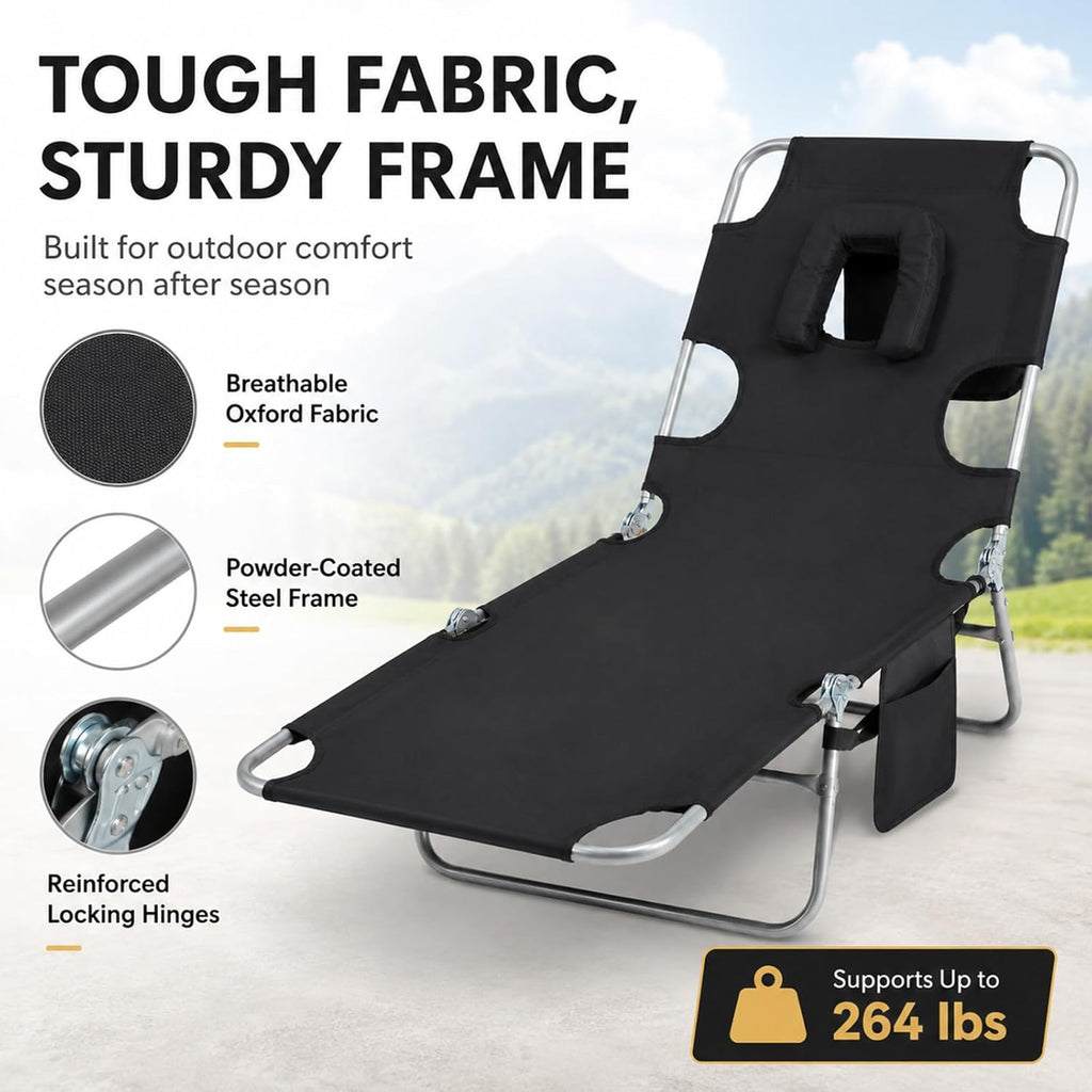 Tanning Chair, Folding Beach Lounge Chair with Face Hole and Arm Slots, 5-Position Adjustable Sun Tanning Chair with Pillow and Side Pocket, Portable Chaise Lounge for Patio Pool Outdoor, Black