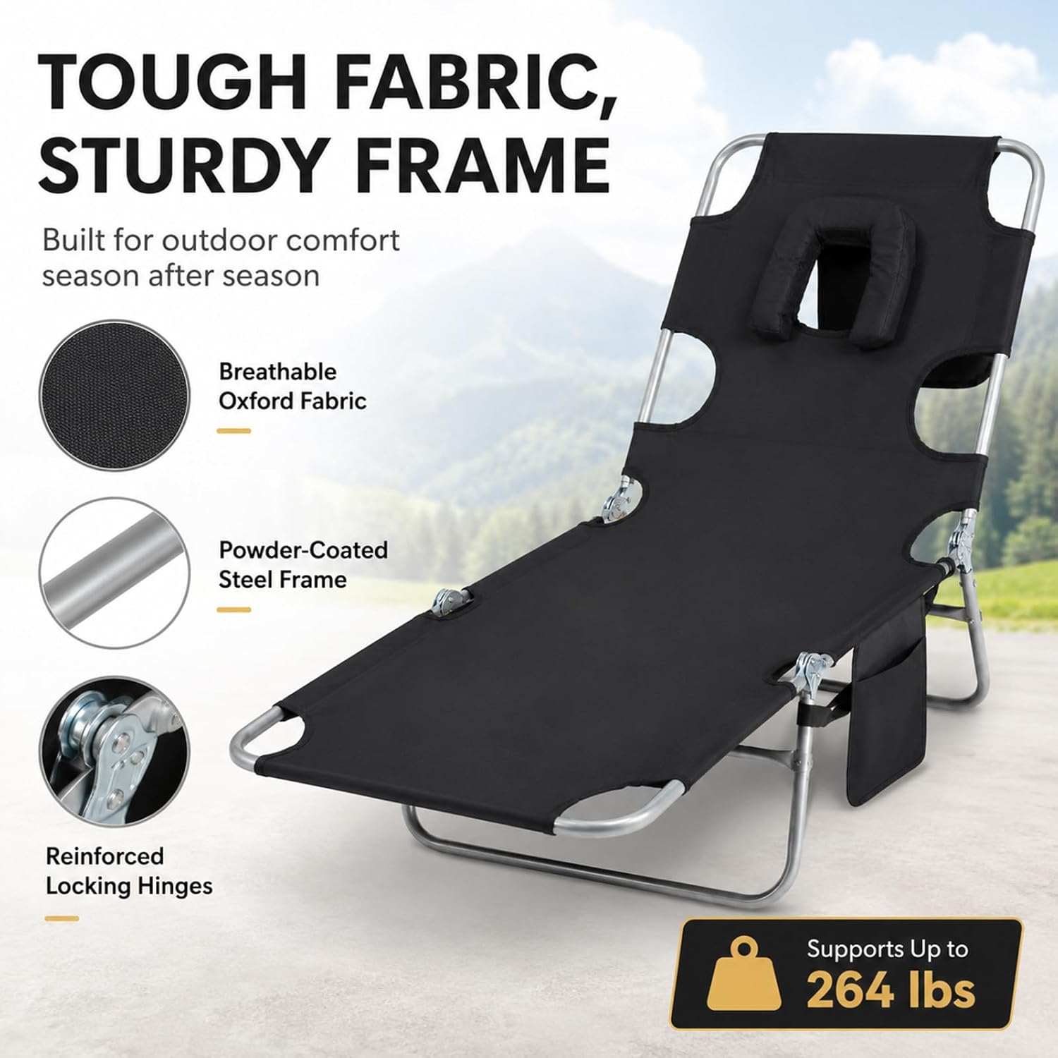 Tanning Chair, Folding Beach Lounge Chair with Face Hole and Arm Slots, 5-Position Adjustable Sun Tanning Chair with Pillow and Side Pocket, Portable Chaise Lounge for Patio Pool Outdoor, Black