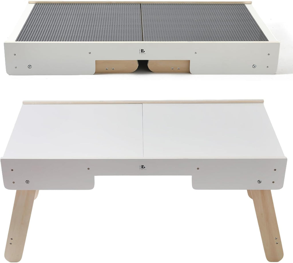 Youuys 3 in 1 Wooden Kids Activity Table & Building Board Compatible with Building Block,Storage Play Table Reversible Top Legs Fold for Easy Under Bed Storage （No Chairs）