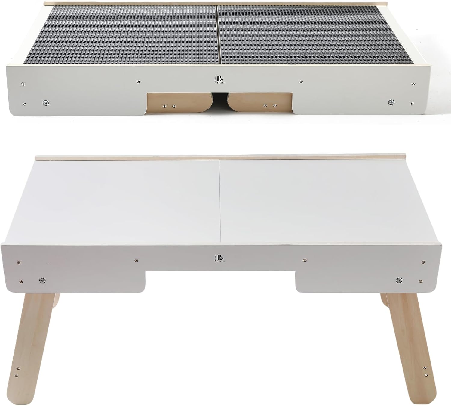Youuys 3 in 1 Wooden Kids Activity Table & Building Board Compatible with Building Block,Storage Play Table Reversible Top Legs Fold for Easy Under Bed Storage （No Chairs）