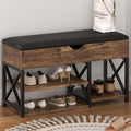 Shoe Rack Bench with Lift Top Hidden Storage, Mid-Century Modern Entryway Bench with Shoe Storage Leather Cushion, Adjustable Shelf, Wood Shoe Organizer for Bedroom, Living Room, Closet, Brown