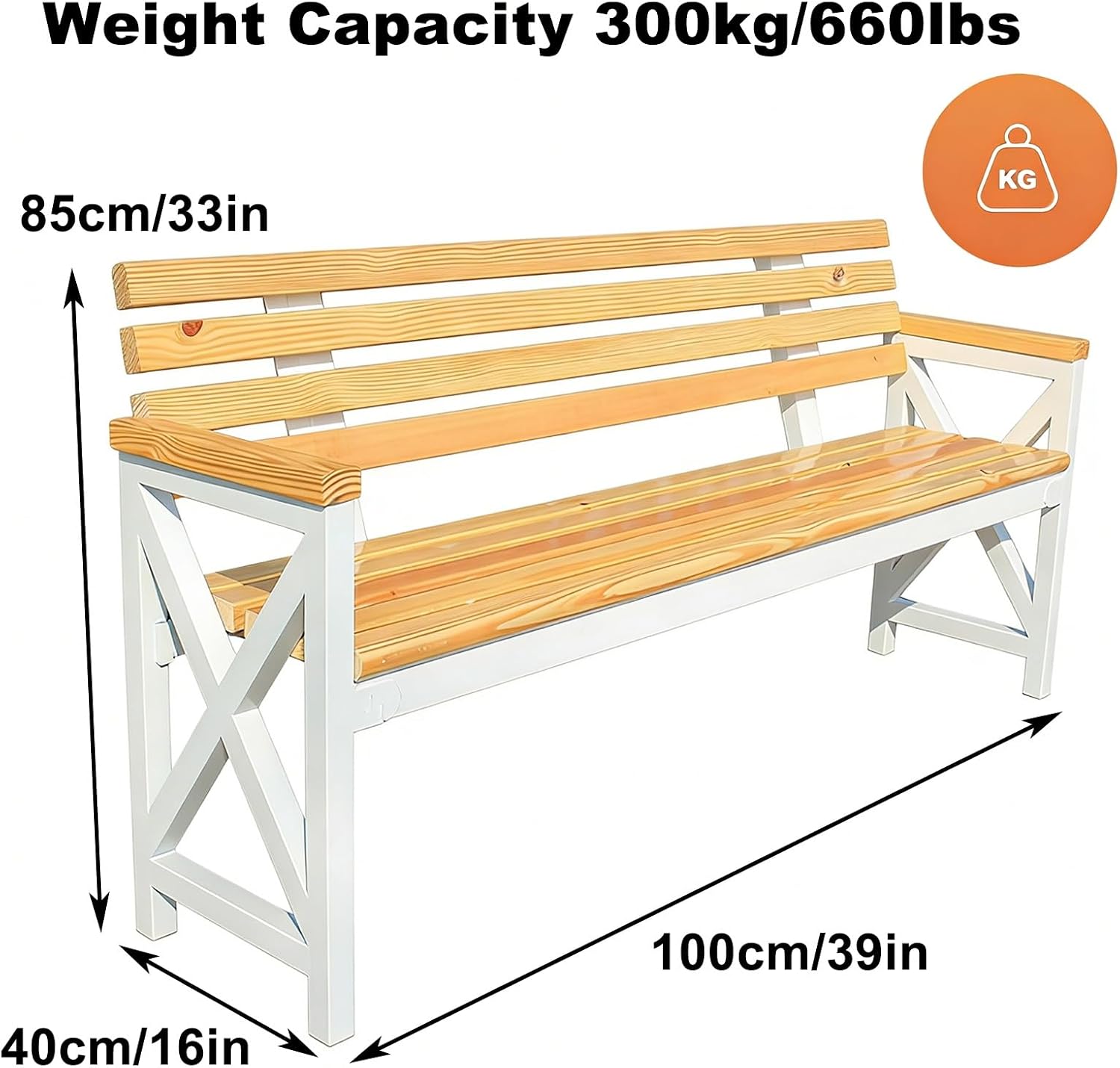 Outdoor Benches Weatherproof, Solid Wood Boards, Garden Benches, Suitable for Lawns, Terraces, Parks, and Residential Areas(White,100x40x85cm/39x16x33in)