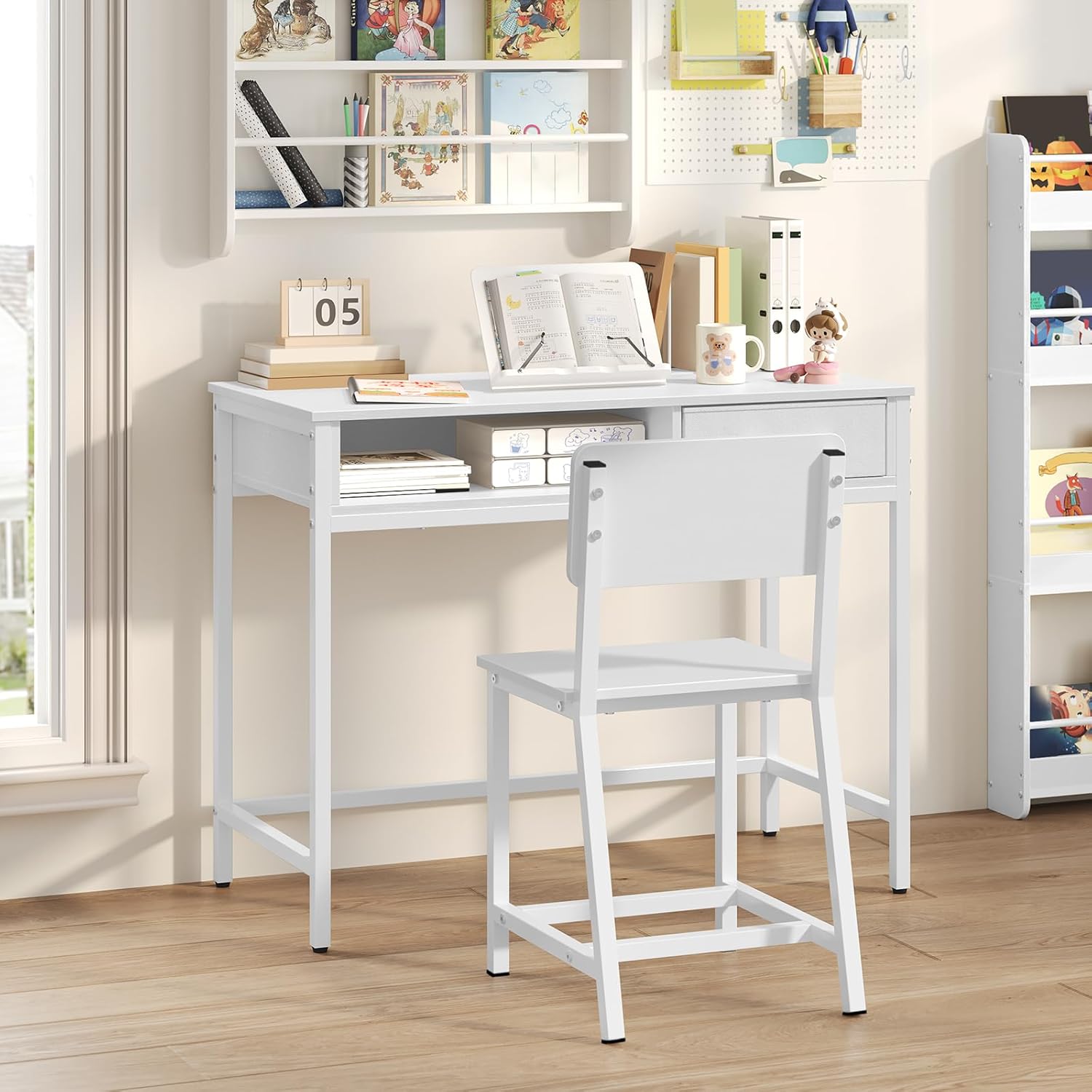 MAHANCRIS Kids Desk and Chair Set, Student Writing Desk, Kids Study Desk with Book Sorter and Fabric Drawer, Kids Wooden Study Table, for Study, Kids Room, Bedroom, White KDBW11901N1