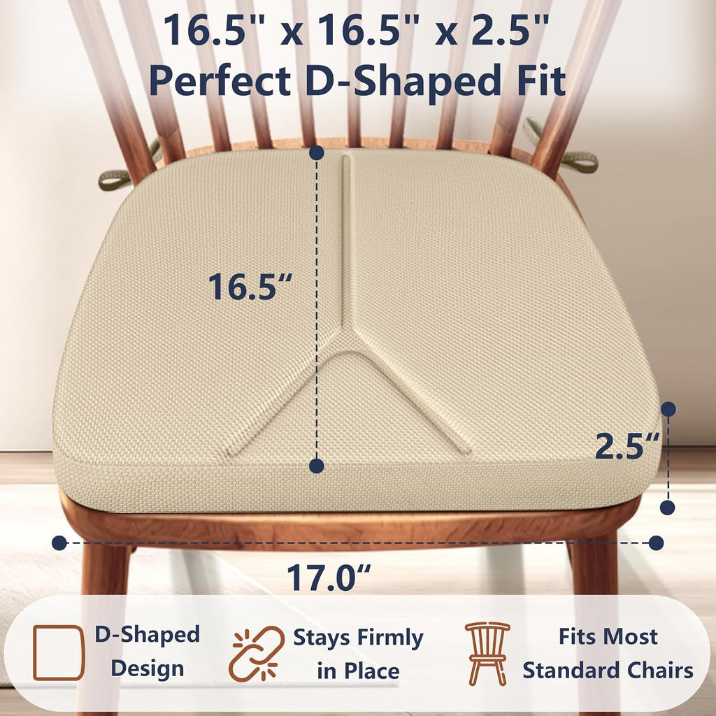 2.5" ThickChair Cushions for Dining Chairs Set of 4, D-Shaped Seat Cushions with Removable Washable Cover and Ties, Non-Slip Chair Pads for Kitchen, Indoor Dining Room, Patio Chairs (Beige)
