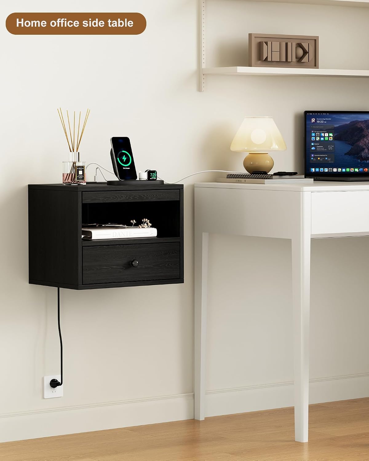 Floating Nightstand with Charging Station,Modern Bedside Table with Drawers and Extension Panel, Small Wall Mounted Nightstands for Bedroom Room，Floating Sofa Side Table（ Black ）