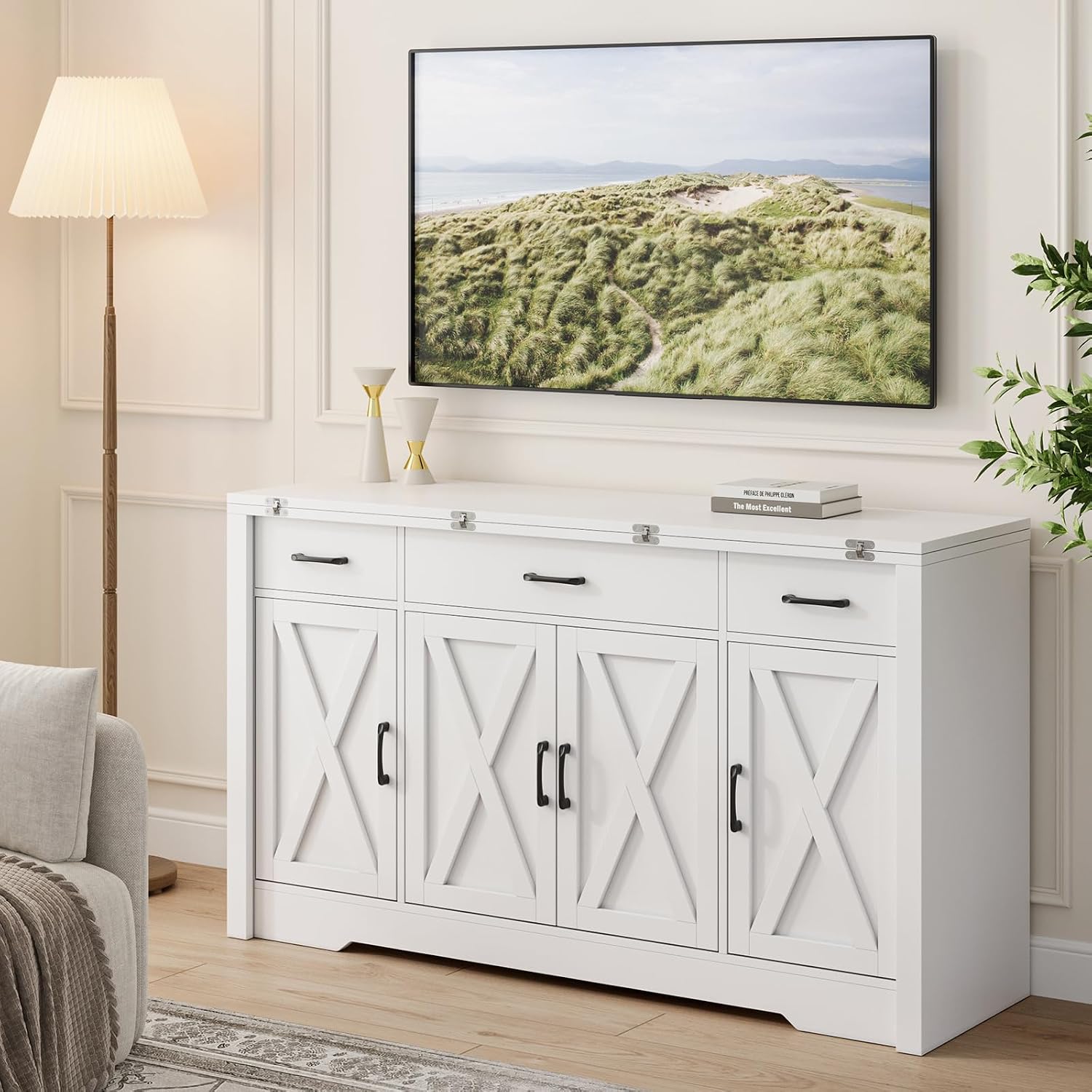 Yanosaku 55" Extendable Buffet Cabinet, Modern Farmhouse Kitchen Sideboard with 3 Drawers & Adjustable Shelves, Space-Saving Storage Credenza for Apartment, Small Spaces, Living Room, White