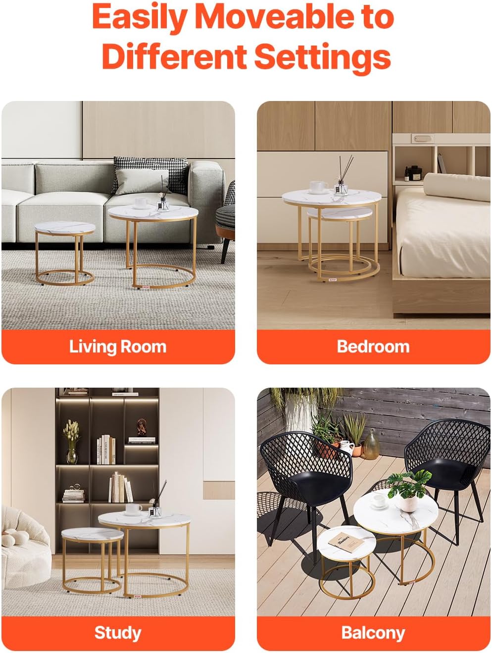 VEVOR Nesting Coffee Table Set of 2, 23.6 in Round Coffee Table, Nesting Tables for Small Place, Vintage End Side Tables Night Stand with Metal Frame, for Living Room, Bedroom, Office (White & Gold)
