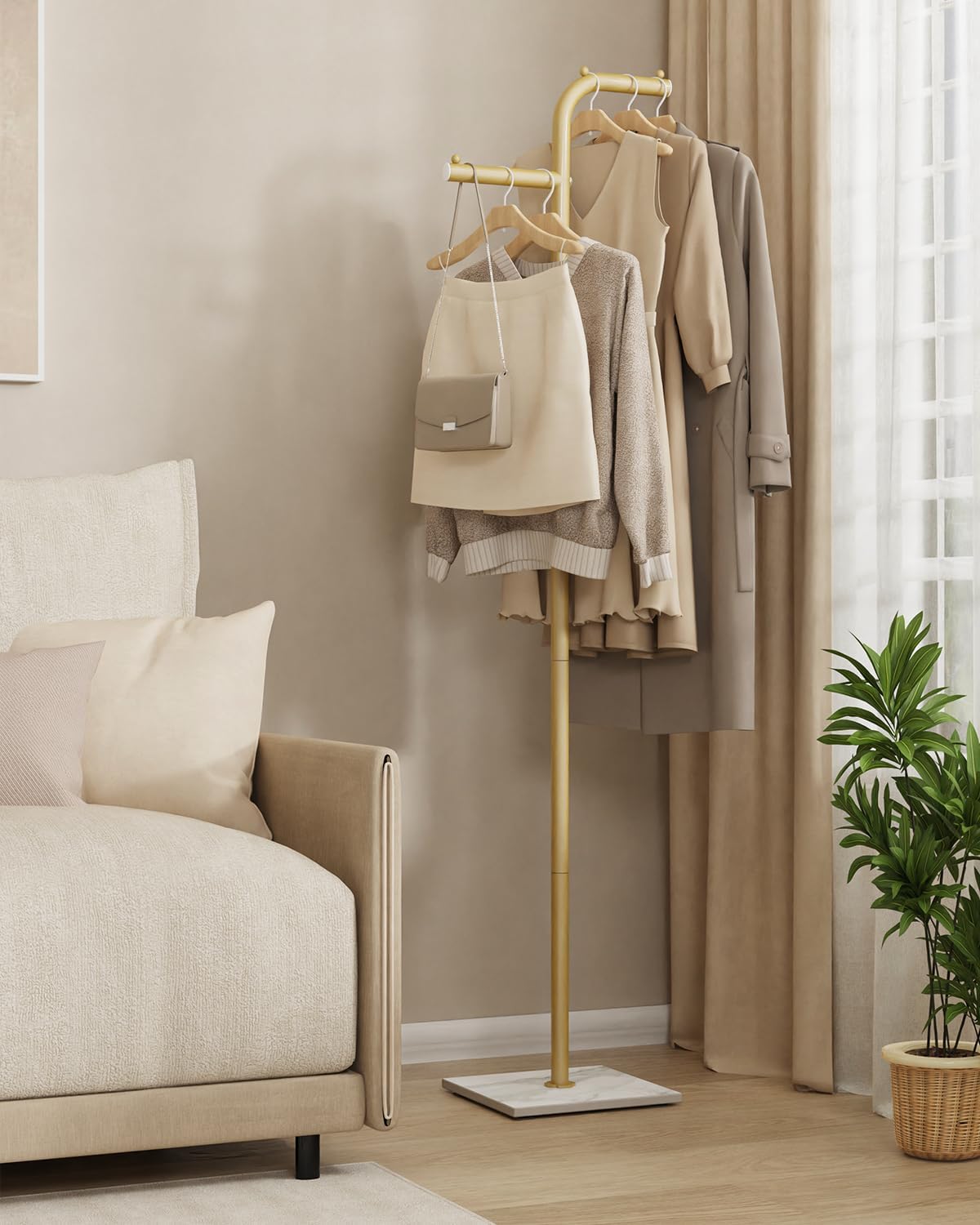 Coat Tree Freestanding, Modern Sturdy Clothes Hanger with Rock Slab Base, Heavy-duty Metal Hat Rack for Boutiques, Hallway, Entryway, 68.9 Inches High, Gold, GYJ012WJ